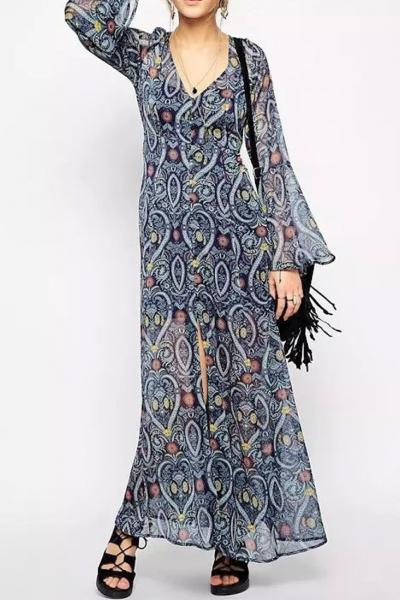 Oasap Baroque Print Bell Sleeves Midi Dress