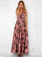 Oasap V Neck Sleeveless Backless Floral A-line Maxi Beach Dress