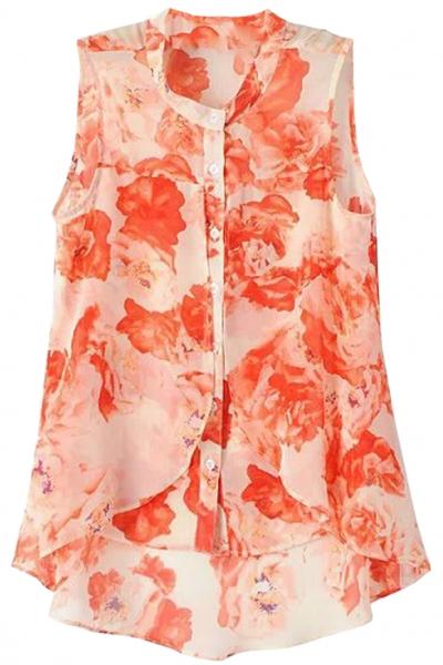 Oasap Vibrant Orange Floral Button Down Blouse