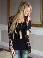 Oasap Long Sleeve Floral Open Front Cardigan