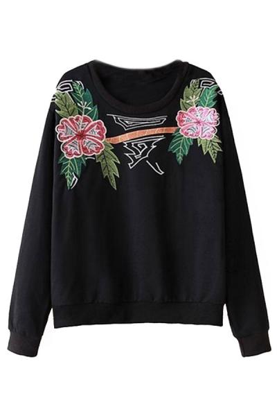 Oasap Embroidered Plants Pattern Black Sweatshirt