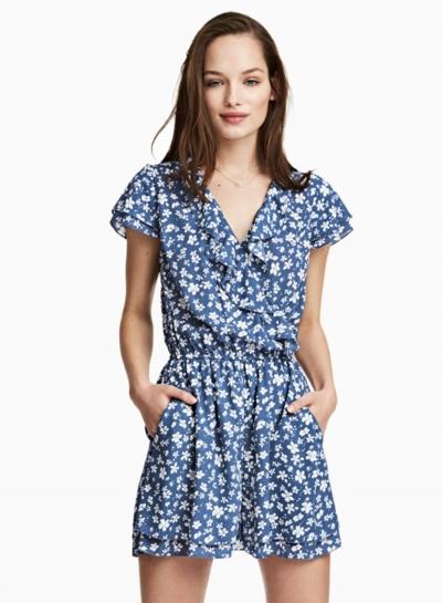 Oasap V Neck Short Sleeve Elastic Waist Floral Romper