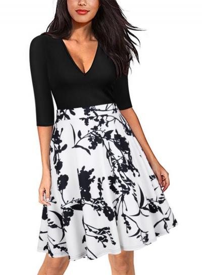 Oasap V Neck Half Sleeve Print A-line Dress