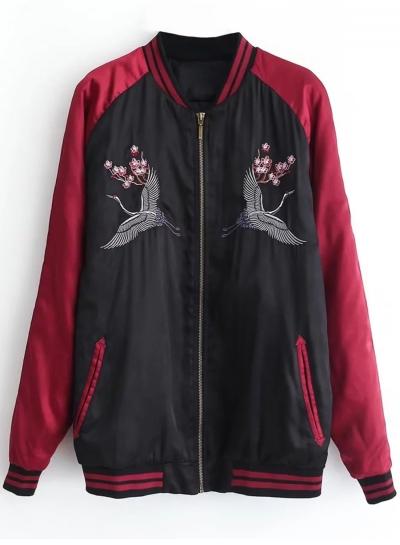 Oasap Stand Collar Color Block Embroidery Cotton Padded Jacket