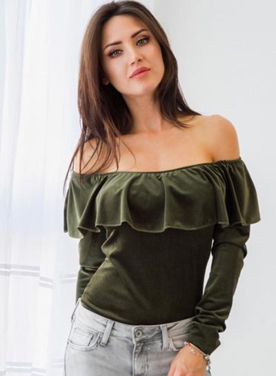 Oasap Slash Neck Long Sleeve Flounce Hem Tee Shirt