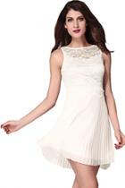 Oasap Solid Ivory Lace Pleated Skater Dress