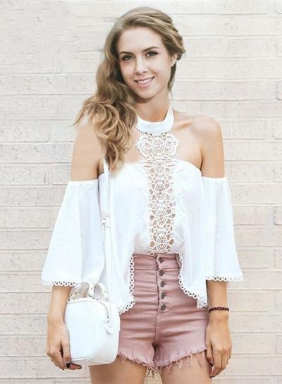 Oasap Halter Off Shoulder Flare Sleeve Chiffon Blouse
