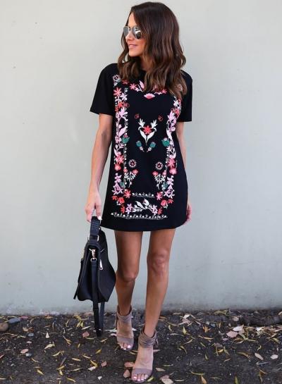 Oasap Floral Print Short Sleeve Slim Mini Dress