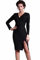 Oasap Pinstriped Surplice Bodycon Pencil Dress