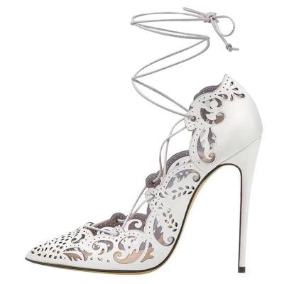 Oasap Floral Hollow Out Pointed Toe Lace Up Pumps