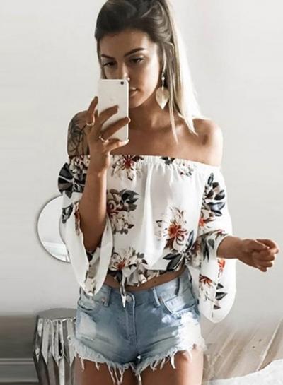 Oasap Floral Off Shoulder Long Sleeve Pullover Blouse