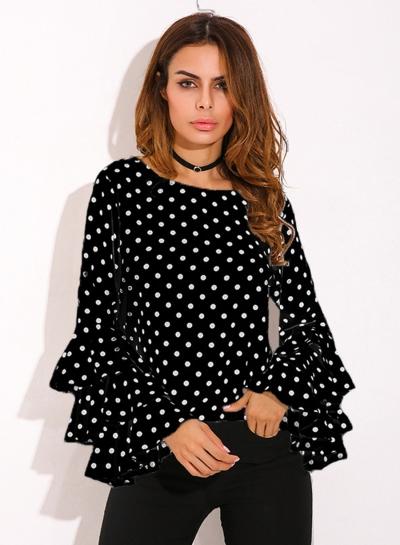 Oasap Round Neck Flounce Sleeve Polka Dot Blouse