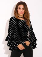 Oasap Round Neck Flounce Sleeve Polka Dot Blouse