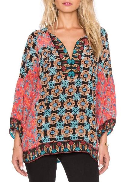 Oasap Floral Print Split Neckline Casual Blouse