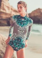 Oasap Round Neck Long Sleeve Printed Bikini Swimwear