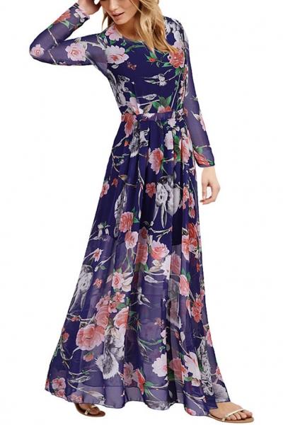 Oasap Vintage Owl Floral Print Chiffon Maxi Dress