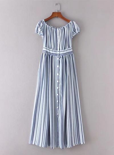 Oasap Slash Neck Tie Waist Stiped Dress