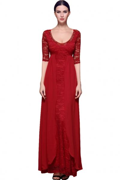 Oasap Graceful Rhinestones Layered Maxi Back Cutout Evening Lace Dress
