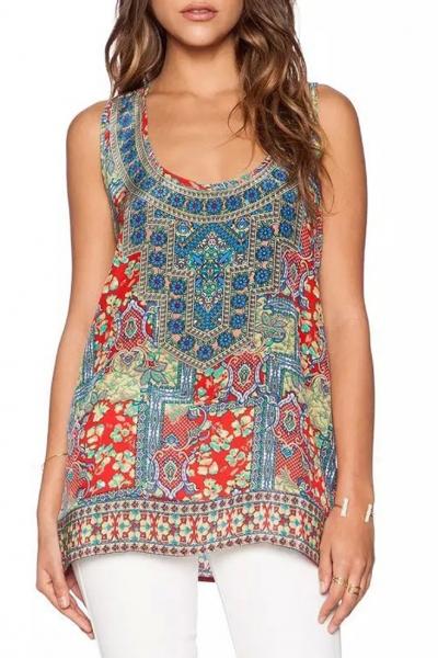 Oasap Vintage Print Scoop Neck Sleeveless Chiffon Top