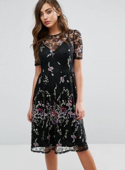 Oasap Black Floral Embroidery Lace Dress