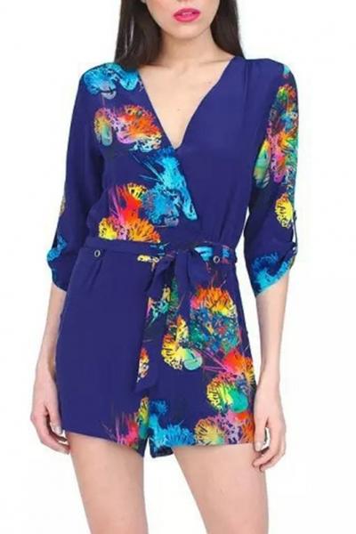 Oasap 3/4 Sleeve Floral Print Surplice Romper