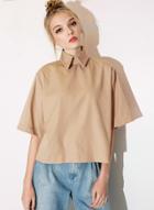 Oasap Turn Down Collar Short Sleeve Solid Color Blouse