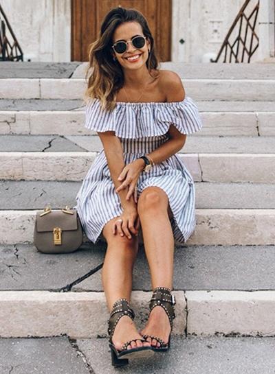 Oasap Striped Off Shoulder Ruffle Short Sleeve Backless Dress