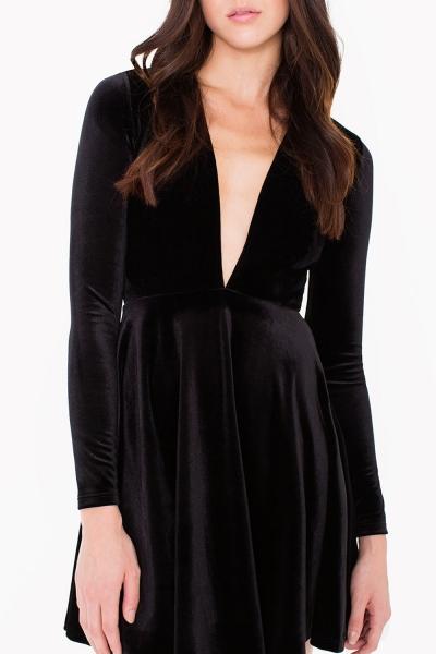 Oasap Chic Deep V Long Sleeve Velvet Swing Dress