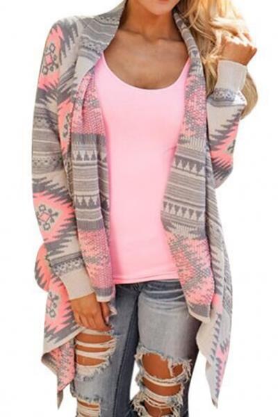 Oasap Fancy Geo-print Open Front Asymmetric Cardigan