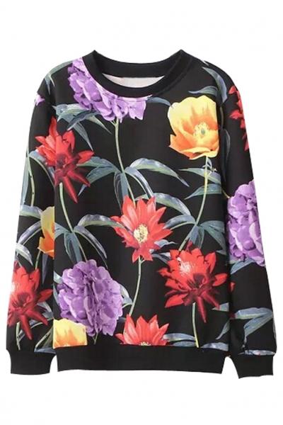 Oasap Nature-orientation Floral Black Sweatshirt
