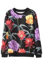 Oasap Nature-orientation Floral Black Sweatshirt
