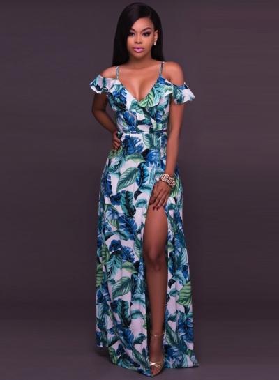 Oasap Spaghetti Strap Leaves Print High Slit Dress