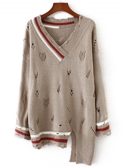 Oasap V Neck Long Sleeve Striped Splicing Broken Hole Sweater