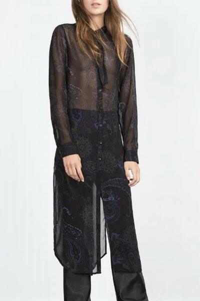 Oasap Stylish Button Down Stand Collar Sheer Chiffon Dress