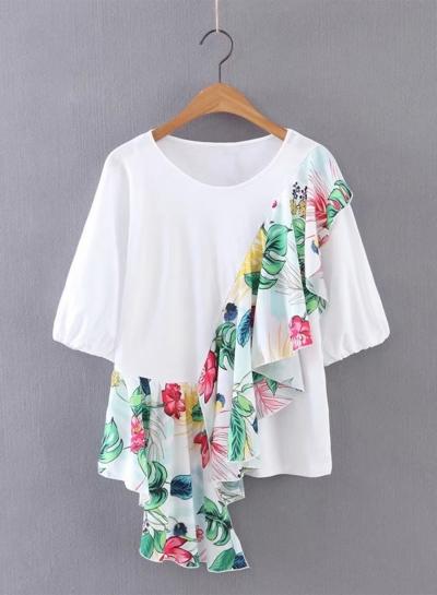 Oasap Floral Print Flounce Panel Tee Shirt
