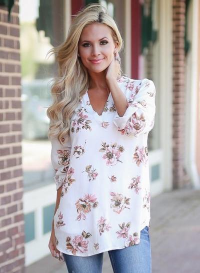 Oasap V Neck Long Sleeve Floral Pullover Blouse