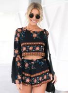 Oasap Round Neck Flare Sleeve Floral Print Blouse Shorts Set