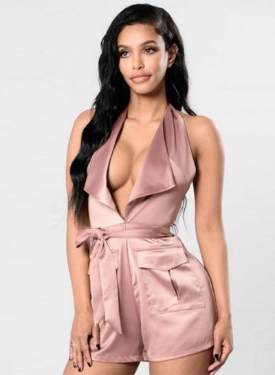 Oasap Halter V Neck Backless Solid Romper With Belt