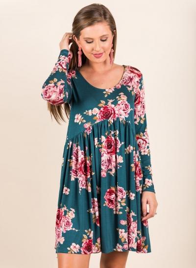 Oasap Round Neck Floral Print Long Sleeve Loose Mini Dress