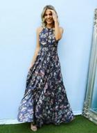 Oasap Halter Sleeveless High Waist Floral Print Maxi Dress