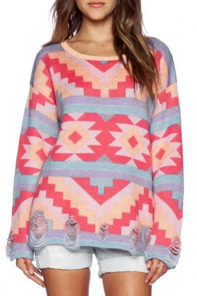 Oasap Casual Geometric Knitted Distressed Hem Long Sleeve Pullover Sweater