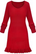 Oasap Chic V Neck Simple Color Knitted Pleated Dress