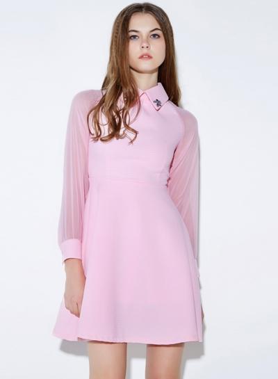 Oasap Women's Embellished Collar Sun Dress With Sheer Long Sleeve