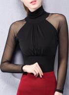 Oasap Solid High Neck Long Sleeve Slim Fit Blouse