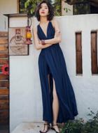 Oasap Fashion Sexy Backless Deep V Neck Slit Beach Maxi Dress