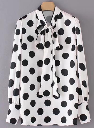 Oasap Turn Down Collar Long Sleeve Polka Dots Shirt