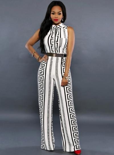 Oasap Sleeveless Geometric Print Wide Leg Jumpsuit With Belt
