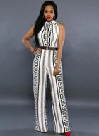 Oasap Sleeveless Geometric Print Wide Leg Jumpsuit With Belt