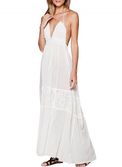 Oasap Women's Summer Lace Paneled Halter Backless Maxi Dress
