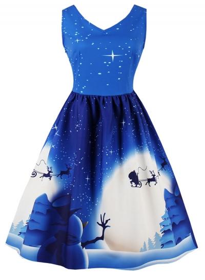 Oasap V Neck Sleeveless Christmas Printed Dress
